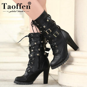 TAOFFEN High heeled Buckle Leather Boot